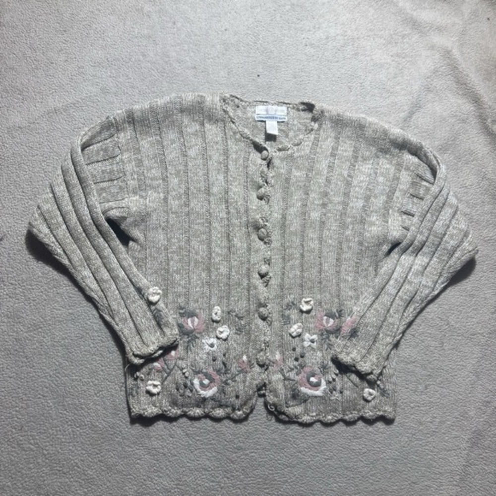 Cape Isle Knitters Sweater Womens XL Cardigan Button Embroidered By Hand Floral
